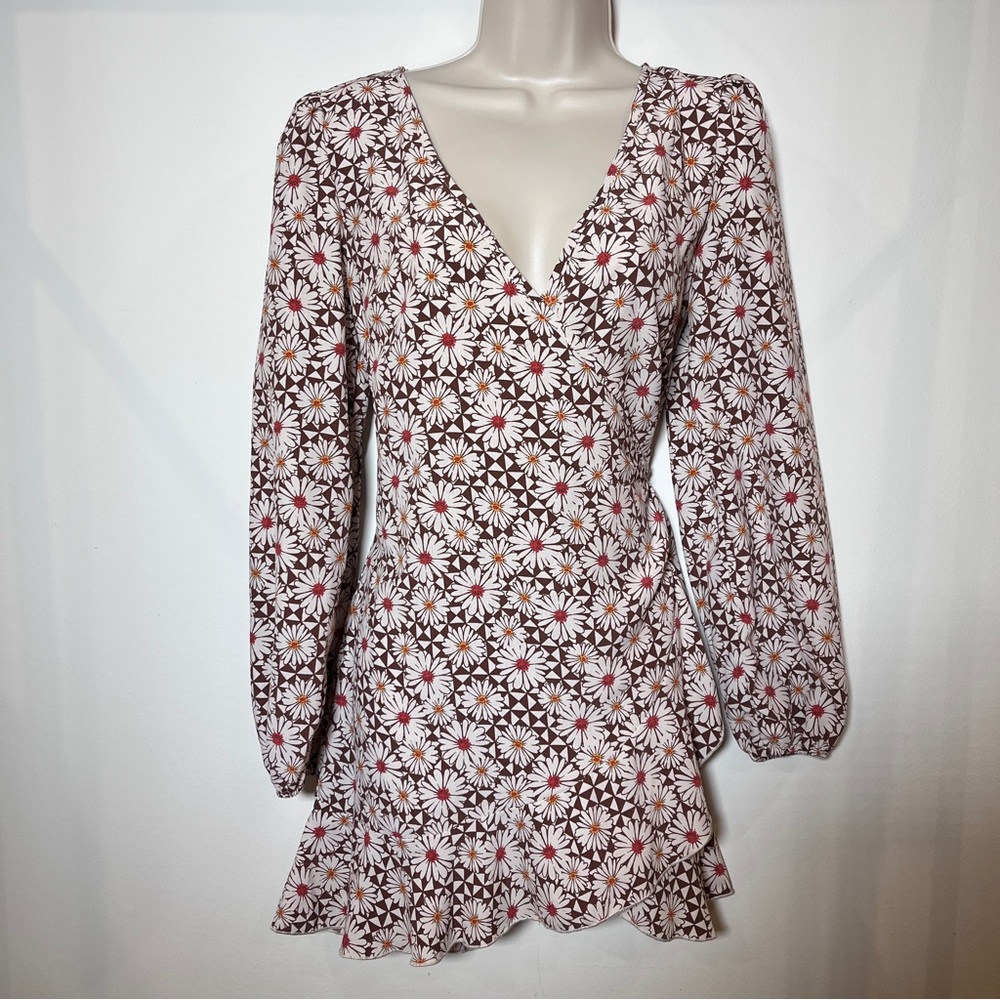 Altar’d State Boho Indie Folk Hippie Floral V-Neck Mini Long Sleeve Flowy Dress
